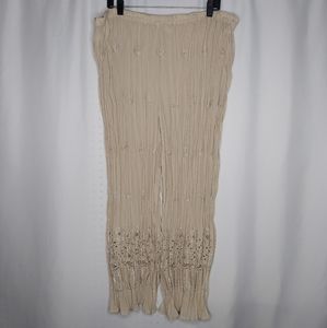 Sandi Kent Festival Gauzy Palazzo Pant 2X Beige Chiffon Crinkle Embroidered‎ Vtg